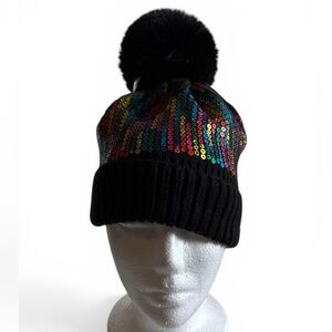 Colorful Sequin Kids Beanie with Pom Pom